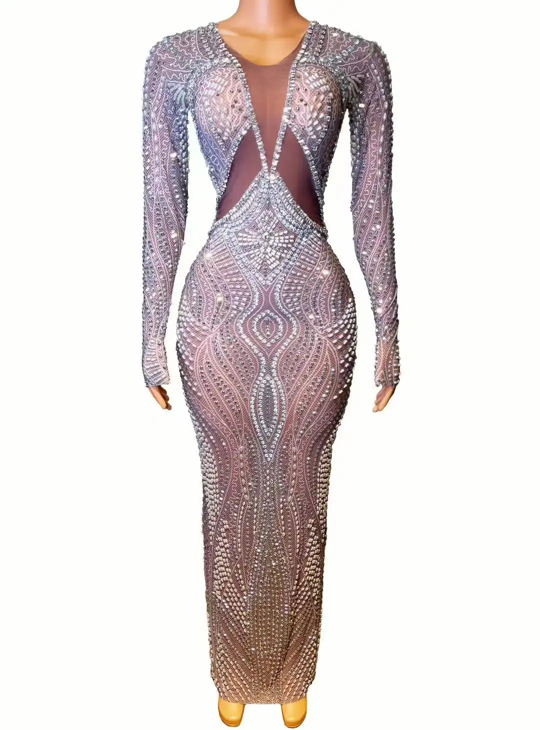 

Performance costumes for nightclub and bar women, full-diamond long-sleeved dress, slim and slim, hip-covering long skirt, singe
