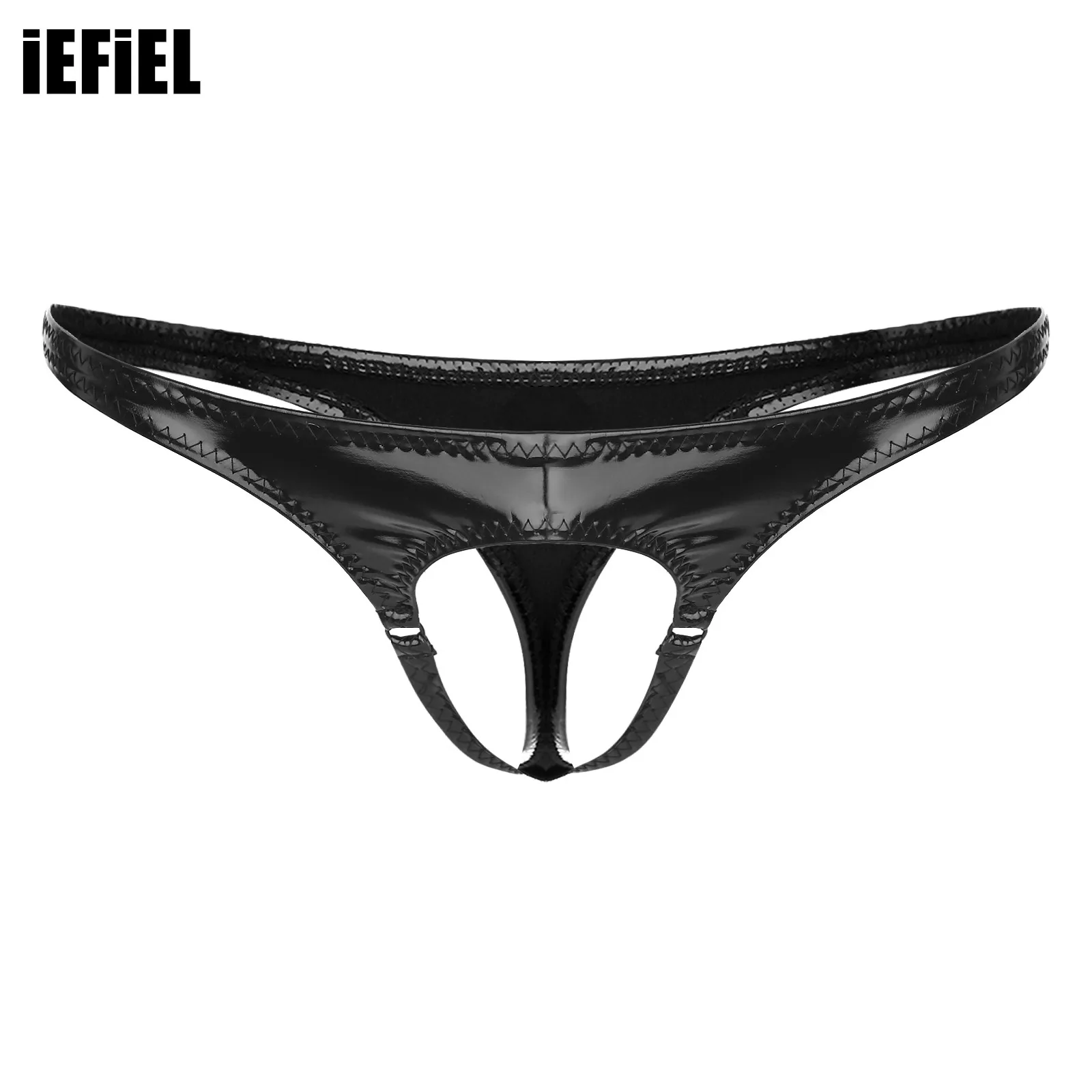 

Men Hollow Out Front Thong Wet Look Patent Leather G-String Underwear Low Rise Elastic Waistband T-back Underpants