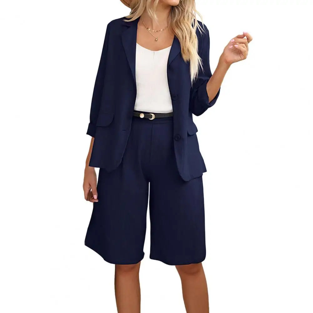 

2 Pcs/Set Elegant Women Business Outfit Turn-down Collar Blazer Shorts Suit Loose Long Sleeves Blazer Shorts Suit Daily Wear