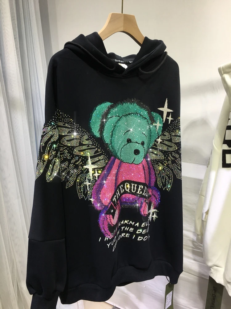 Shining Rhinestone Cartoon Wings Cute Women Sweatshirt Pullovers Hoodie Top New Autumn Fashion Long Sleeve Cotton Clothes