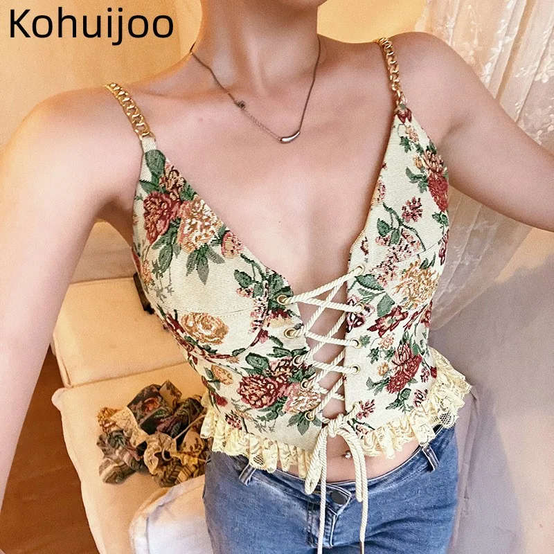 

Kohuijoo бандажные сексуальные топы для женщин модные летние 2023 острые девушки стиль Y2k цепочка винтажный Печатный жилет подтяжки с вырезами