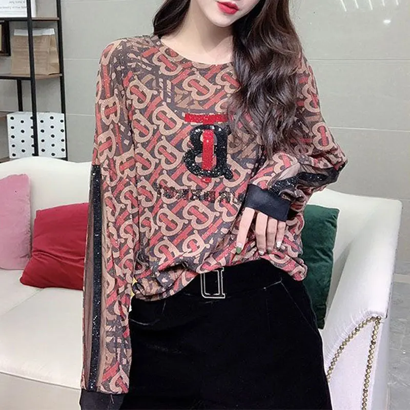 

Spring Autumn Stylish Gauze Spliced Shirt Vintage Printed Female Chic Diamonds Casual Long Sleeve Sequined O-Neck Loose Blouse