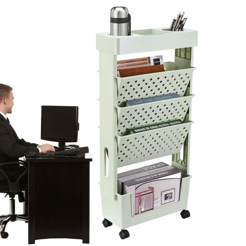 

Movable Bookshelf Cart Rotatable Shelf 5 Layers Large Capacity Space-Saving Book Organizer Portable Book Rack With Wheels