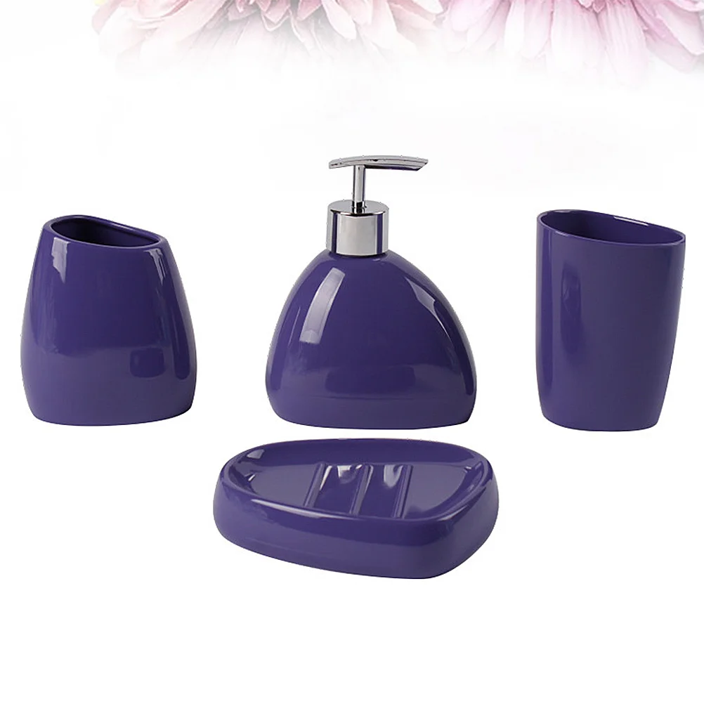 

1 Set 4pcs Acrylic Bathroom Supply Premium Toilet Set Toothbrush Holder Soap Dish Tooth Mug Lotion Bottle Bathroom Suit (Purple)