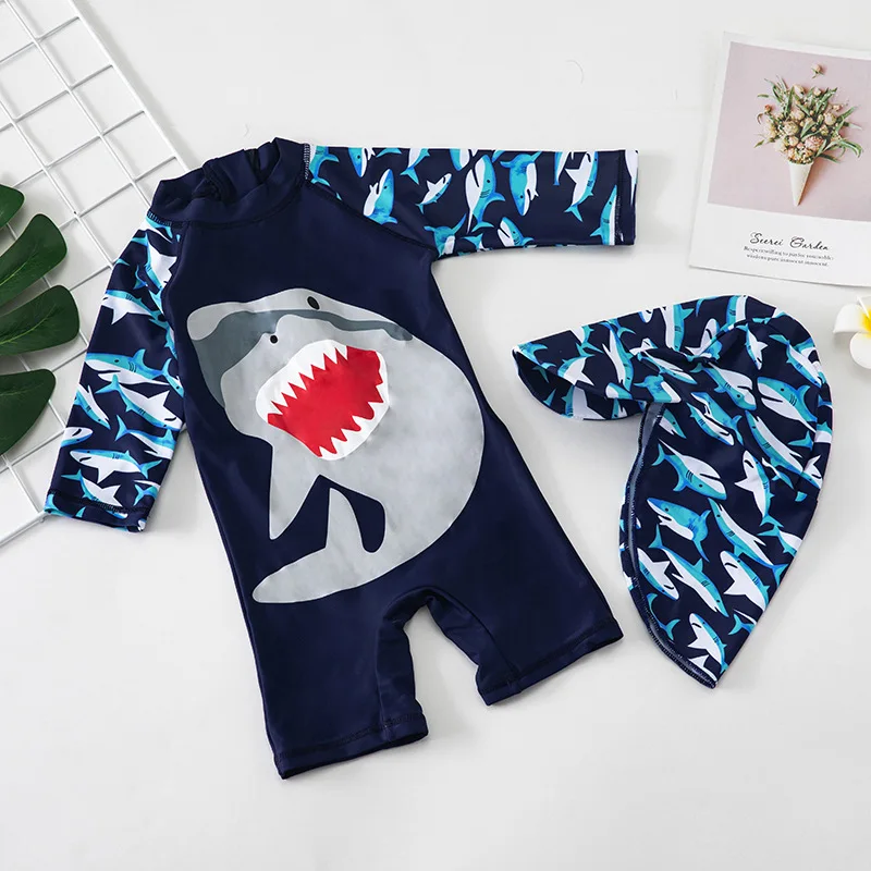 Children Swimsuit Cap Set Cartoon Print One-Pieces Sun Protection Quick Dry Swimwear Beach Bathing Hot Spring Surfing Suit Boys