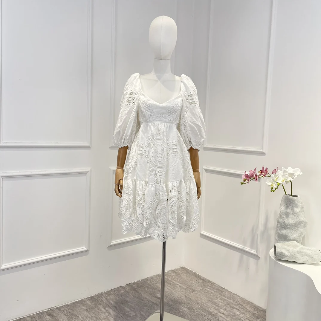 

Женское ажурное мини-платье с открытой спиной, белое винтажное платье из ткани рами с цветочным узором на крючках и вырезами, с открытой спиной, лето 2023