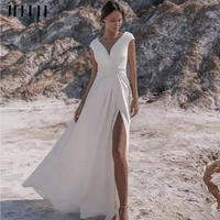 elegant v neck boho cap sleeves backless simple wedding dresses beach vintage high split bridal robes de mari%c3%a9e bride gowns
