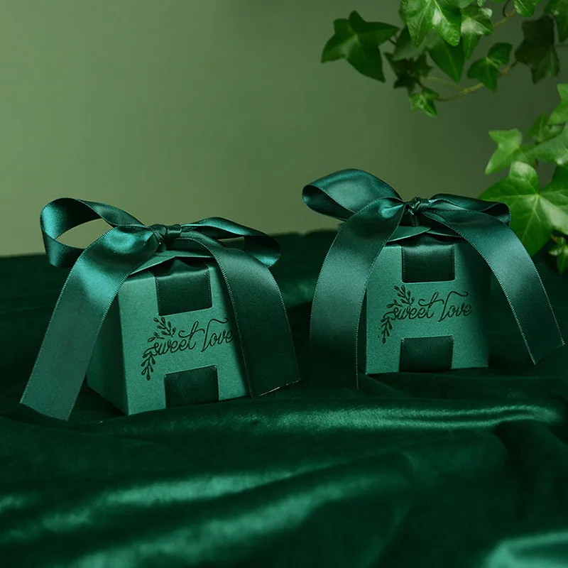 

20/30/50pcs Dark Green Cardboard Box For First Communion Memories Botanical Green Ribbon Chocolate Dragee Gift Box Favors