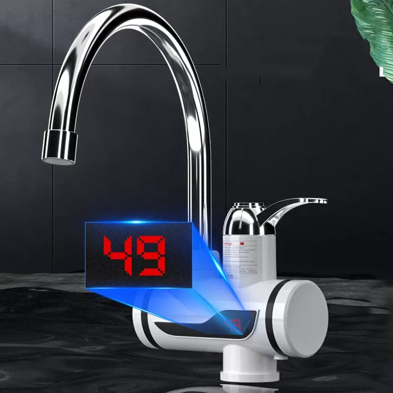

Chrome Electricity Kitchen Faucet Hot And Cold 360° Rotating Heating Display Bathroom Tap With Protector EU plug