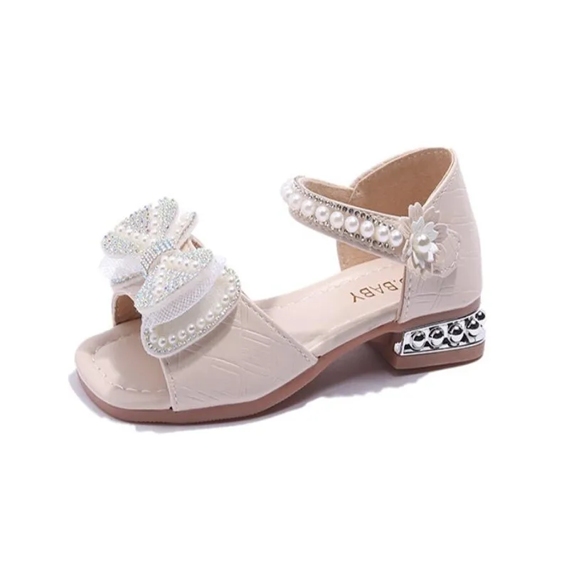 

Children's Sandals Summer Princess Crystal Shoes 2023 New Girls High Heels Fashion pearl bow Girls Soft Bottom Performance Shoes