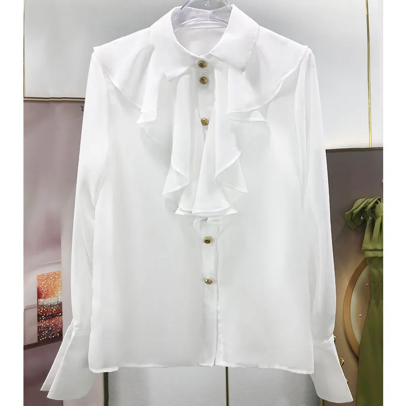 2022 Autumn New Designer Women's High Quality Elegant Ruffles White Chiffon Shirt Tops C711