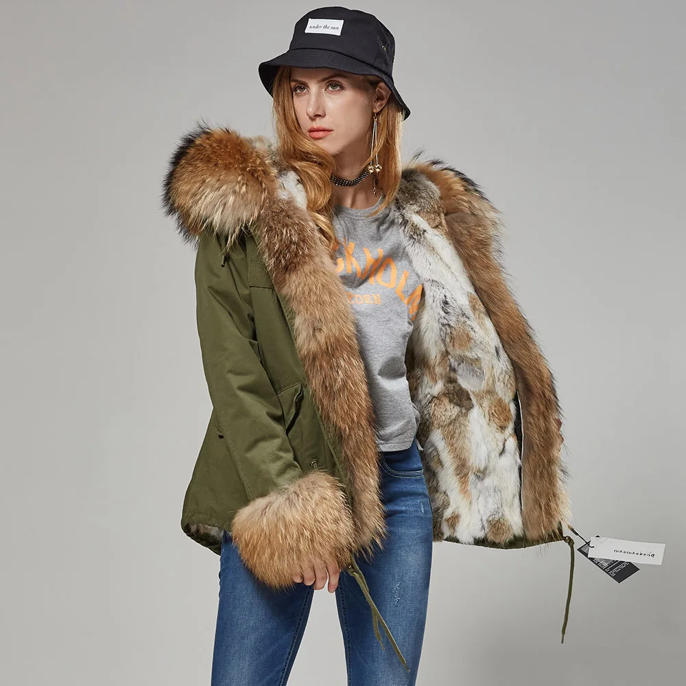 Maomaokong 2022 New Women Winter Fur Coat Rabbit Lining Jacket Natural Real Raccoon Collar Parka Fox Fur Short Female Clothing