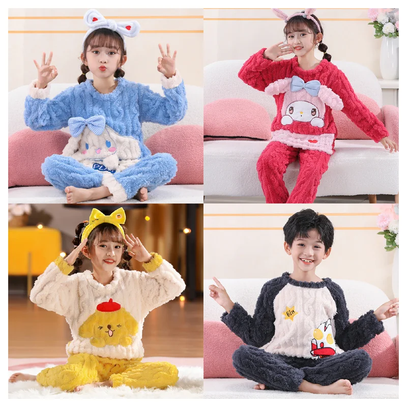 

Sanrioed My Melody Cinnamoroll Purin Dog Kawaii коралловый флисовый детский пижамный комплект мультяшный милый зимний теплый домашний костюм из двух предметов