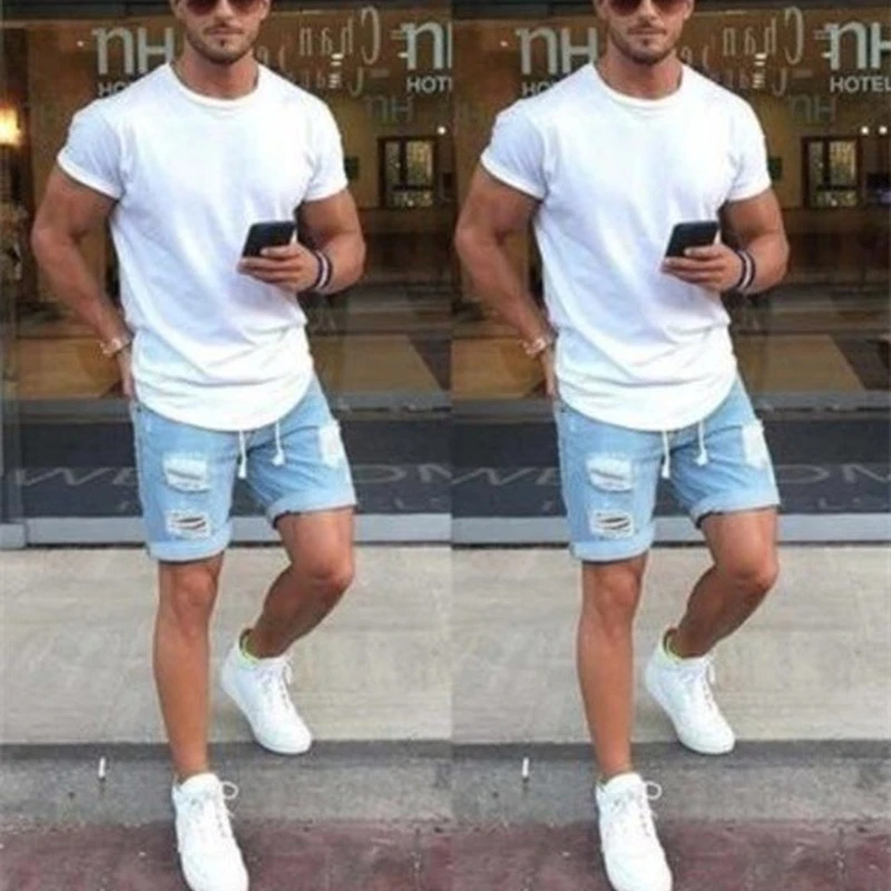 New Fresh Jeans for Women Summer Mens Solid Color Holes Fashion Leisure Denim Shorts for Men