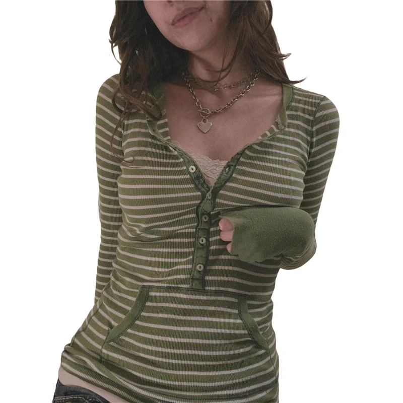 

Stripe T Shirts for Women Button V Neck Long Sleeve Tops with Pocket y2k 2000s Fairy Grunge Clothes Vintage Streetwear