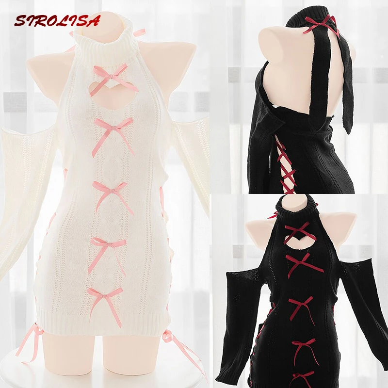 

Sexy Bunny Girl Hollow Out Backless Women Cute Tempatation Cosplay Costume Turtleneck Sweater Sweet Long Sleeve Open Chest Dress