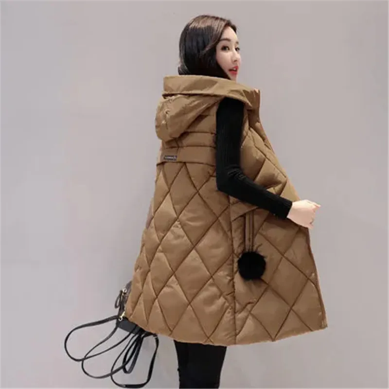 

2022 Vest Women's Mid-Long Hooded Cotton Padded Jacket Waistcoat Down Cotton Jackets Fashion Black Khaki Vests Coat Female