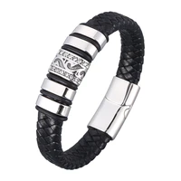 fashion black genuine leather braided bracelet for men stainless steel accessories bangles male jewelry