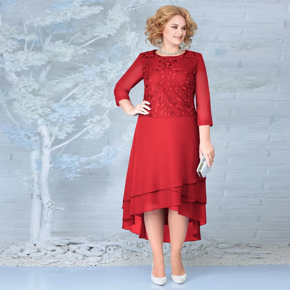 

Elegant Chiffon Hi-Lo Mother Of The Bride Dress With 3/4 Sleeve Applique Summer 2022 Dresses For Weddings Party Guset Gown Scoop
