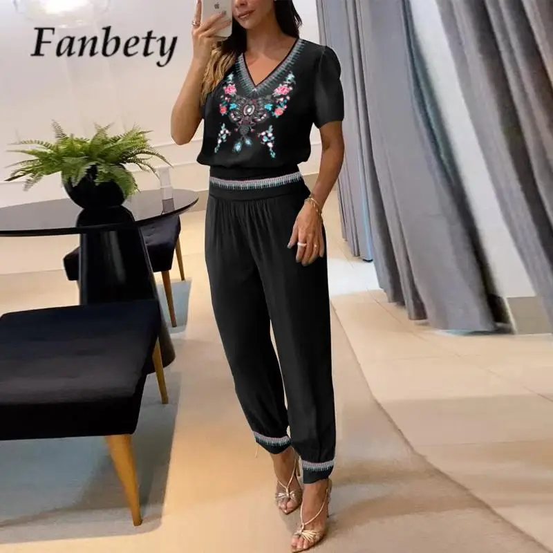 

Vintage Printed Women's Pants Two Pieces Set Summer V Neck Short Sleeve Top and Pants Set Casual Ladies Pencil Pants Street Set
