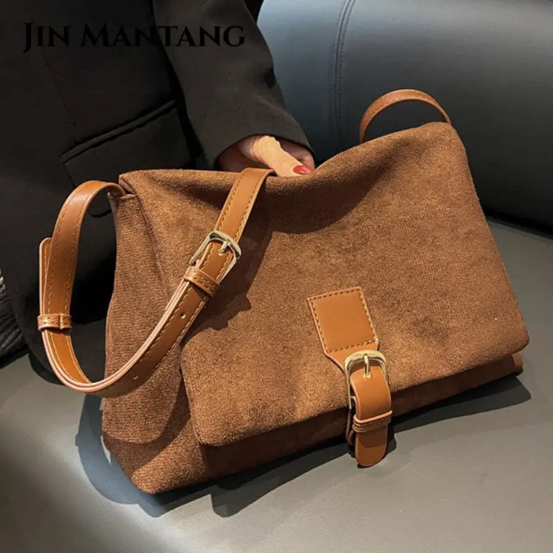 

JIN MANTANG Vintage Large Capacity Women Shoulder Bags Designer Handbags Luxury Suede Crossbody Bag Solid Color Flap Tote Purse