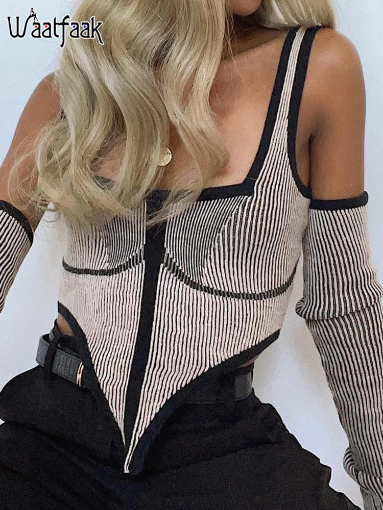 

Waatfaak, вязаный Топ в полоску с рисунком, женский топ, вязаный крючком, с перчатками, уличная одежда с вырезами, рубашка с квадратным воротнико...