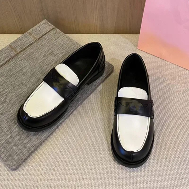 

Fashion Thick Bottom Loafers Women's 2022 Spring New Round Toe Color Matching British Style Ladies Leather Shoes Casual Flats