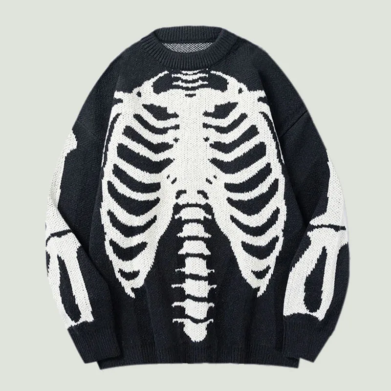 

2023 Streetwear Oversized Knitted Sweaters Mens Vintage Skeleton Bone Printed Hip Hop Harajuku Patchwork Casual Pullover Unisex