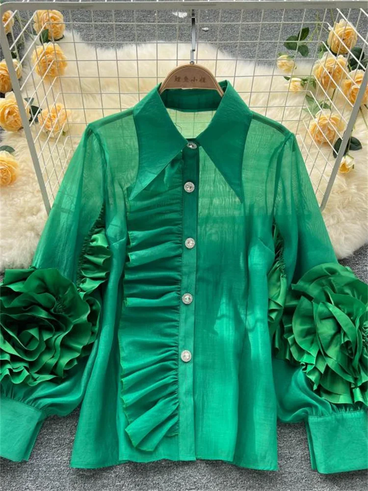 Рубашка женская нишевая однобортная с отложным воротником и оборками, весна-лето 2022