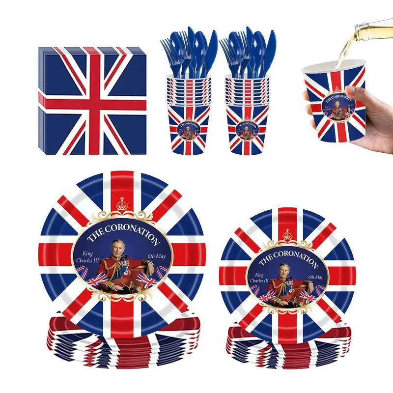Union Jack Tableware Set King Charles British Party Dinnerware Set Paper Plates Cups United Kingdom Flag Tableware Kit For Party