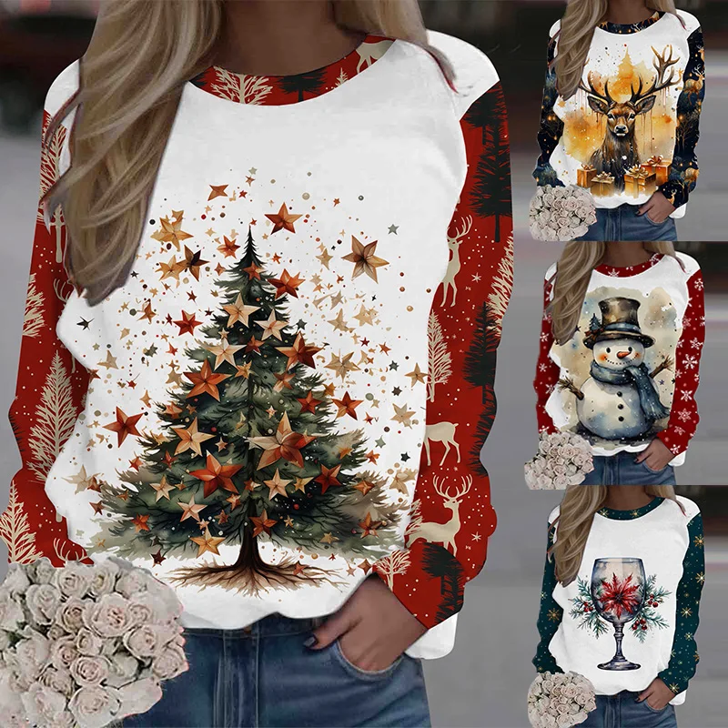 

Christmas Tree Hoodies Reindeer Long Sleeve Printed Sweatshirts Crew Neck Snowman Pullover Autumn Loose Tees for Women Ladies