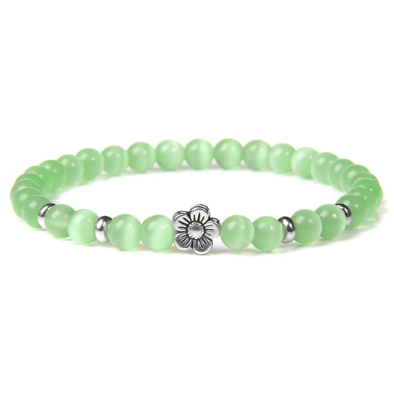 

Flower Charm Bracelet 6MM Cat's Eye Stone Bracelets For Women Men Healing Reiki Opal Pink White Blue Cat Eye Moon Stone Bangles
