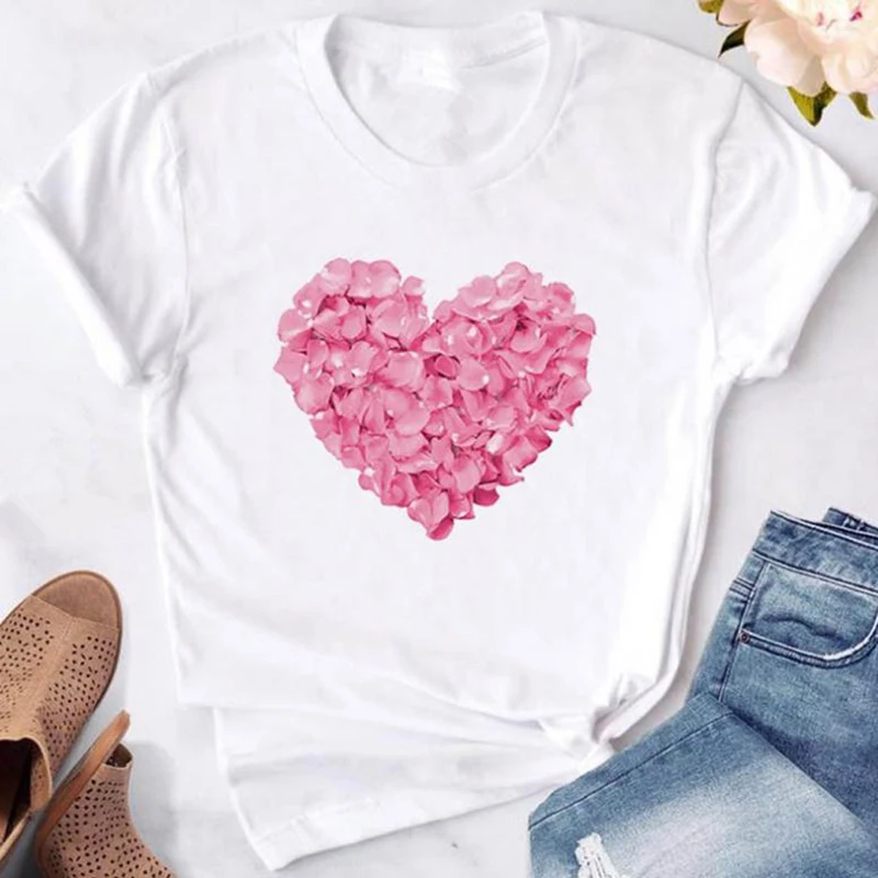 

GAOKE Pink Heart Flower Print Women T Shirt Polyester Casual Funny T Shirt Gift 90s Lady Yong Girl Drop Ship