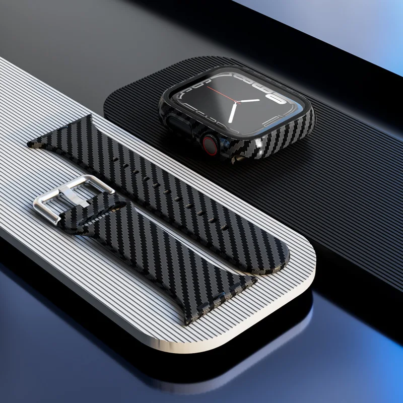 

Watch Case+Strap For Apple Watch Silicone Band 44mm 40mm 45mm 41mm 42mm 38mm Carbon Fiber Pattern Bracelet iWatch 7 6 SE 4 3