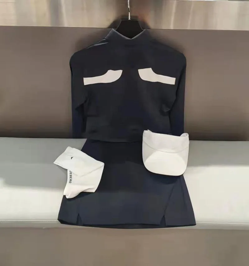 2023 Korean Golf Women's Lapel Long Sleeve T-shirt Short Skirt Suit Tennis Badminton Anti-walking Pant Skirt Spring And Autumn