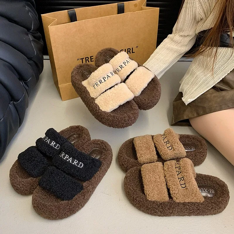 Шлепанцы женские из овечьей шерсти с вышивкой и надписью на толстой подошве