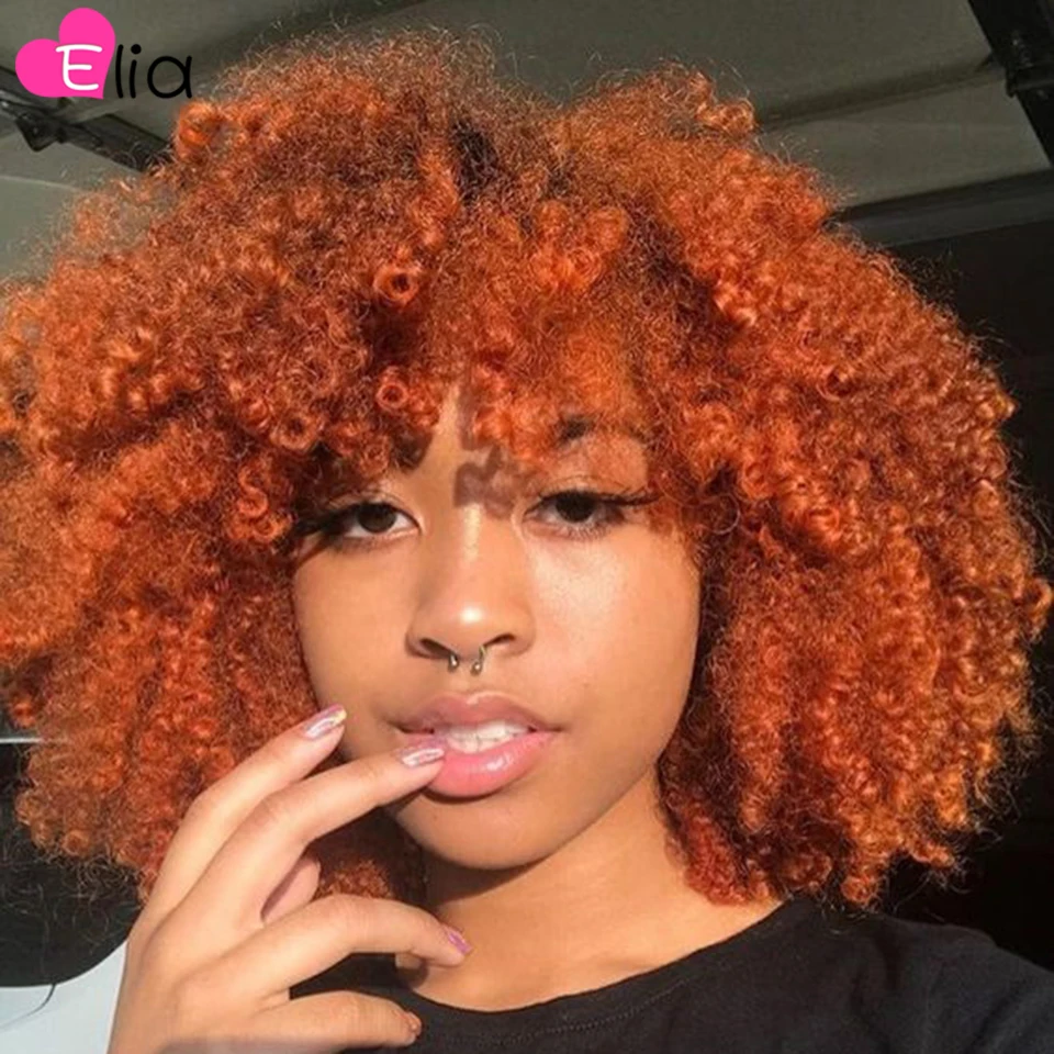 

Orange Afro Curly Human Hair Wig with Bangs Full Machine 150 180 200 Density Brazilian Short Curly Human Hair Wigs for Women