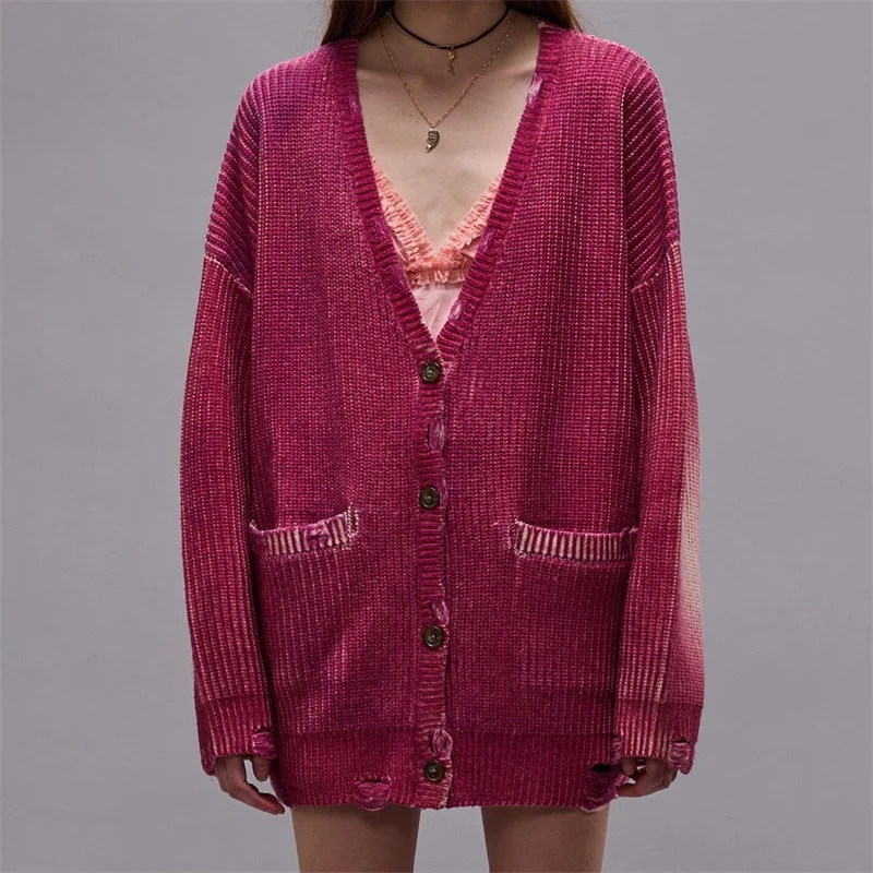 Женский винтажный кардиган трикотажный свитер из 2024 чистого хлопка с V-образным