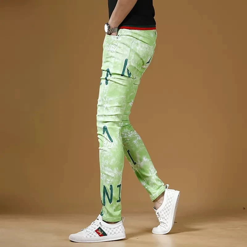 Summer Men Fashion Printed Green Jeans Streetwear Casual Slim Fit Straight Pants Korean Style Digital Printing Denim Trousers