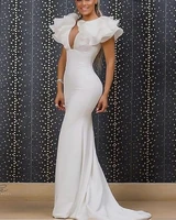 white mermaid arabic evening party dresses v neck cap sleeves ruffles organza formal prom gowns robe de soiree vestidos longo