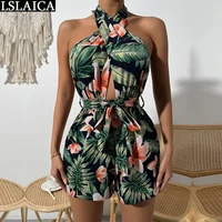 jumpsuit women summer 2022 free shipping backless leaf printed lace up sexy jumpsuits for women bodycon outfit clothing romper
