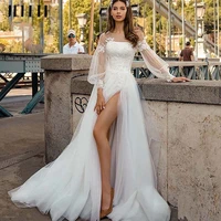 jeheth elegant puff sleeves tulle o neck wedding dress sexy split lace appliques bridal gown robe de mari%c3%a9e sweep train %d9%81%d8%b3%d8%aa%d8%a7%d9%86