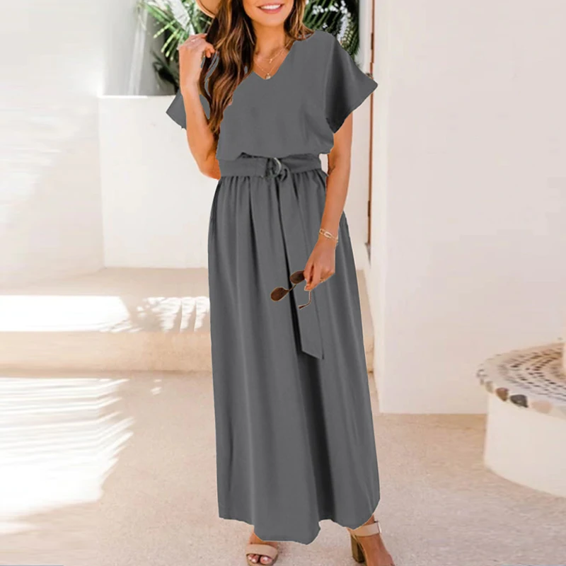 

Женское однотонное платье с коротким рукавом, V-образным вырезом и поясом