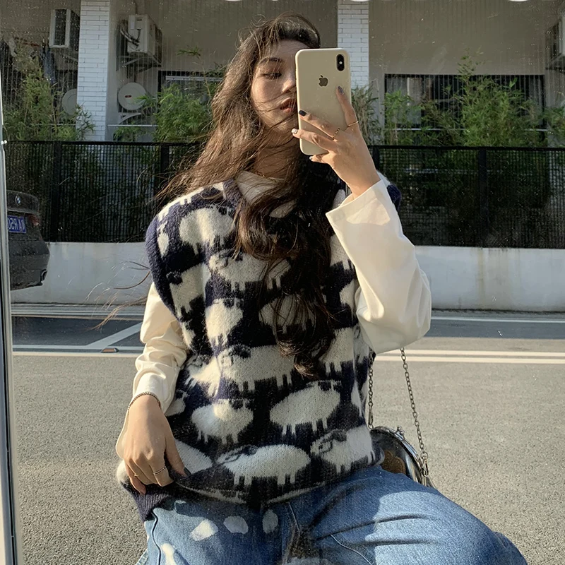 

Animal Sheep Pattern College Style Knitted Female Sweaters Vests Waistcoats Women Casual All-Match Loose Basic Sleeveless Tops