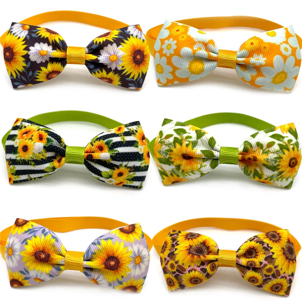 10pcs Spring Dog Bow Ties Small Dog Grooming Accessories Sunflowers Pattern Pet Supplies Dog Bowtie for Small Dog Supplies images - 6