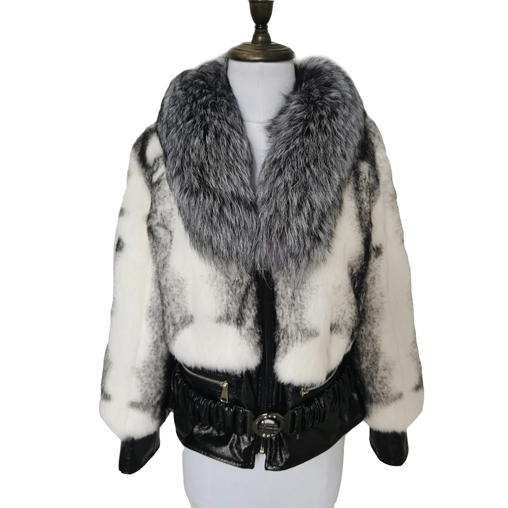 Real Fur Natural Rex Rabbit Fur Coat Genuine Leather Jacket Angora Rabbit Fur Outerwear Silver Fox Fur Collar Thick Warm Parkas