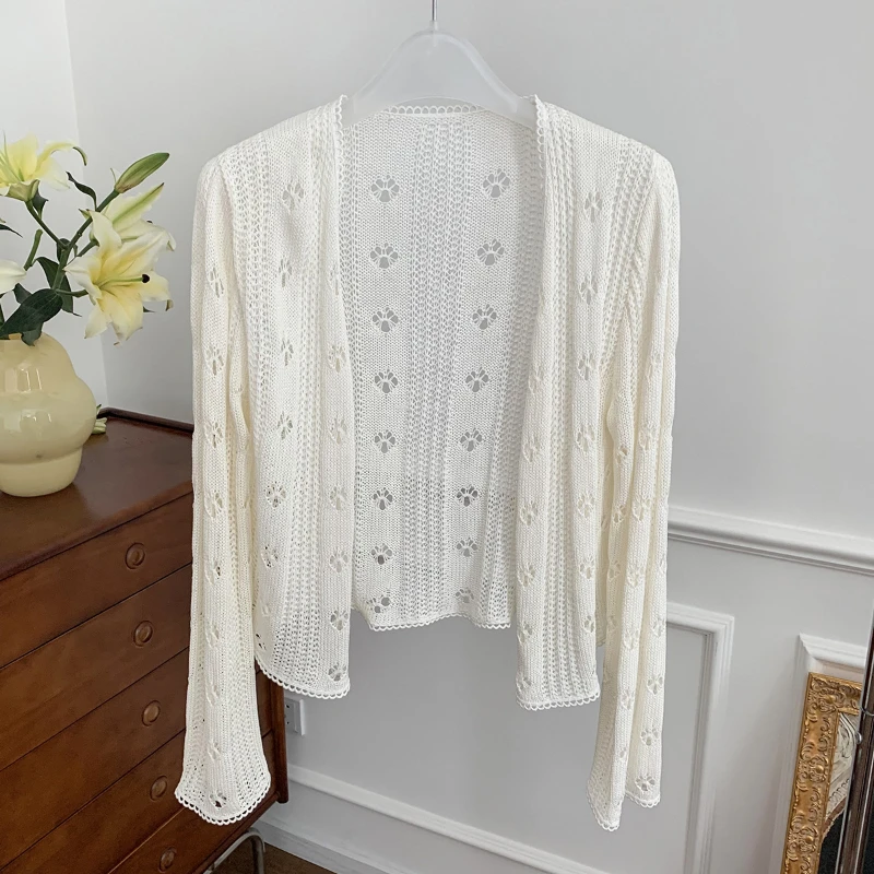 

2023 Spring Summer New White Loose Long-sleeved Hollow Women Knitted Cardigan