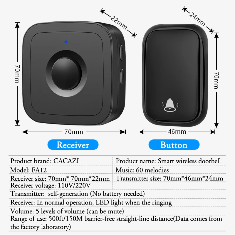 Водонепроницаемый умный беспроводной дверной звонок CACAZI автономный 60 мелодий
