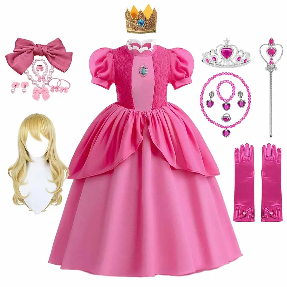 

Peach Princess Cosplay Dress for Kids Girls Deluxe Lace Dress Up Outfit Halloween Birthday Party Stage Performance Costumes