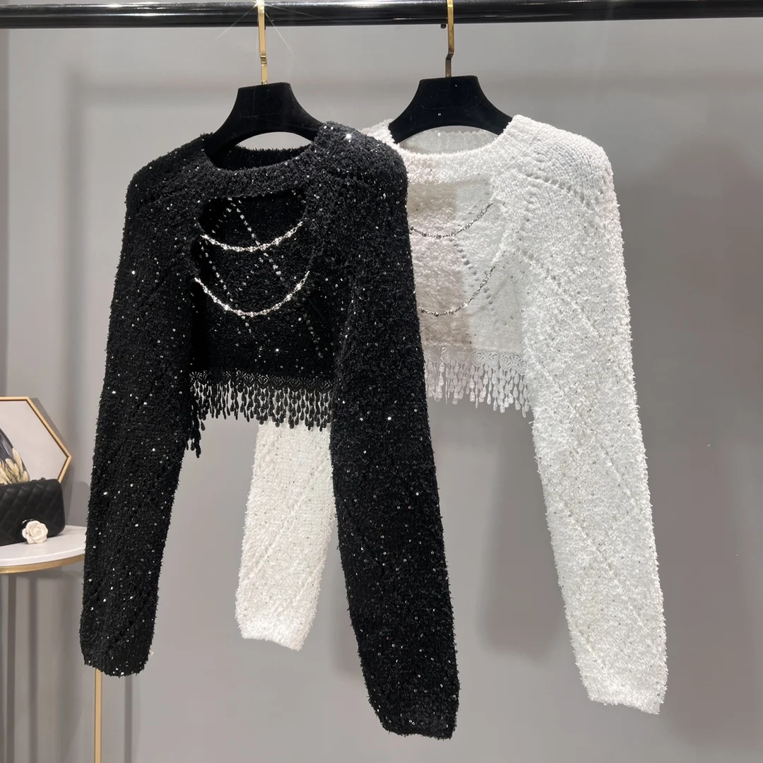 

European and American fashion new short backless sequin knitted hollowed out sweater pullover glitter sexy cardigan shawl top